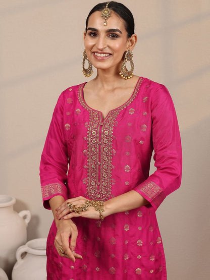Women Ethnic Motif Woven Design Zari Straight Kurta with Trousers & Dupatta