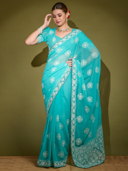 Women's Georgette Blue Embellished Designer Saree With Blouse Piece