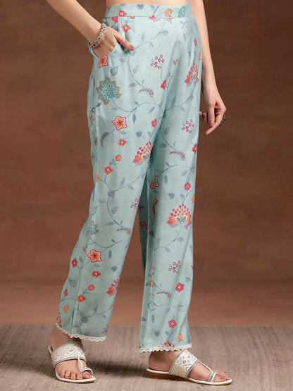 Women's LB Blue Printed Silk Blend A-Line Kurta With Trousers