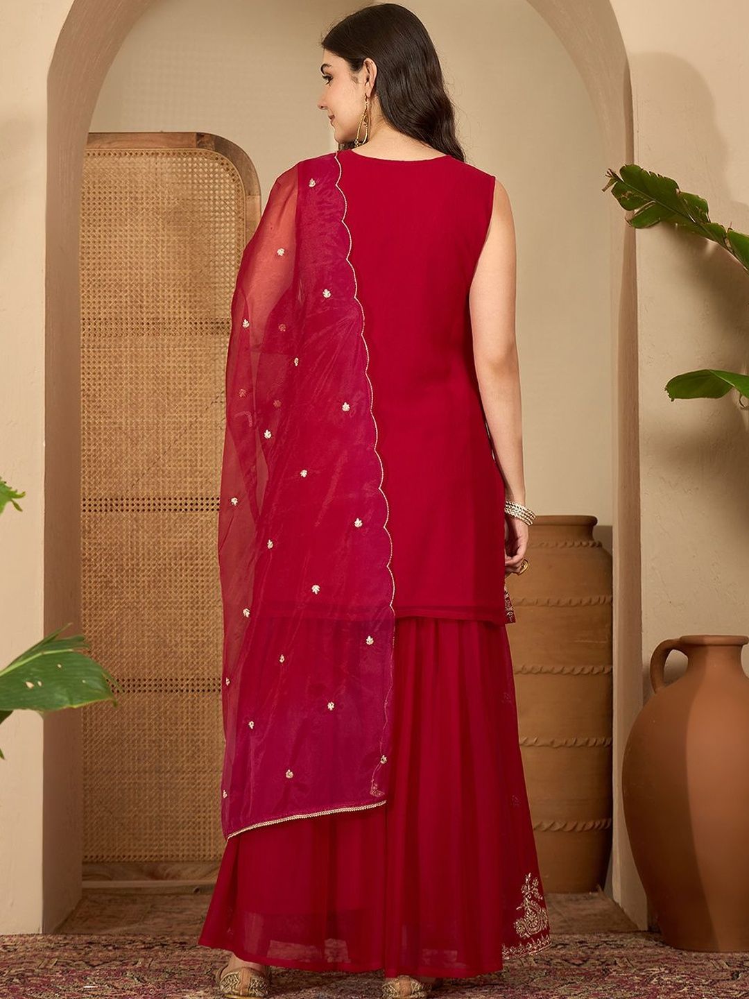 Dhiyona SN Floral Embroidered Thread Work Straight Kurta With Sharara & Dupatta