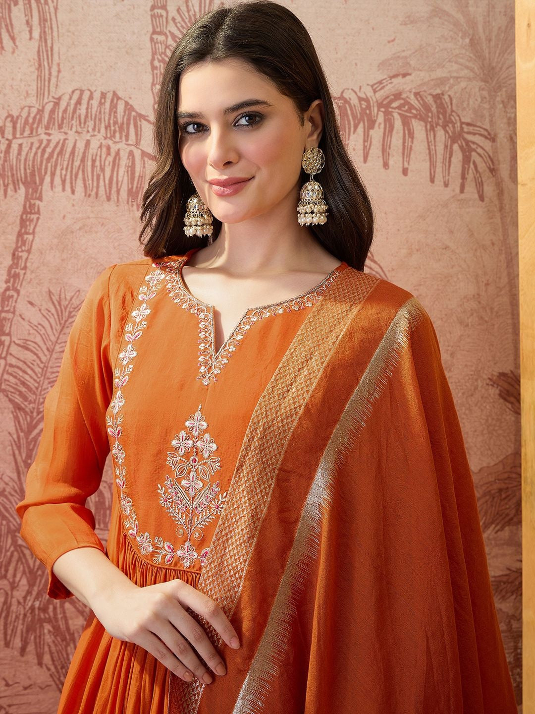 Embroidered Round Neck Kurta & Trousers With Dupatta