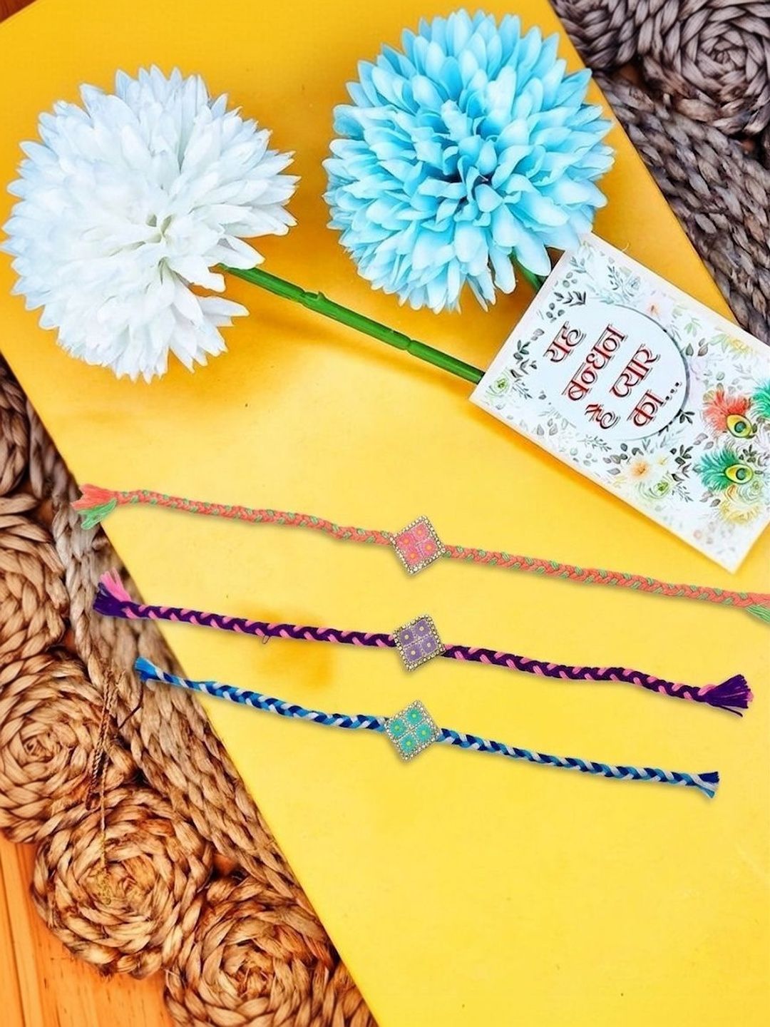 Dhiyona Set Of 3 Multicolor Ad Thread Rakhi With Roli Chawal Chandan Mishri