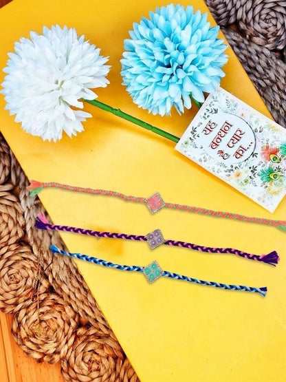 Dhiyona Set Of 3 Multicolor Ad Thread Rakhi With Roli Chawal Chandan Mishri