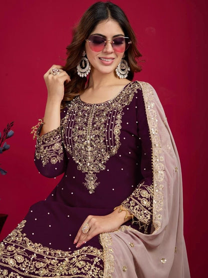 Dhiyona KL Women Ethnic Motifs Embroidered Regular Sequinned Kurta with Sharara & With Dupatta