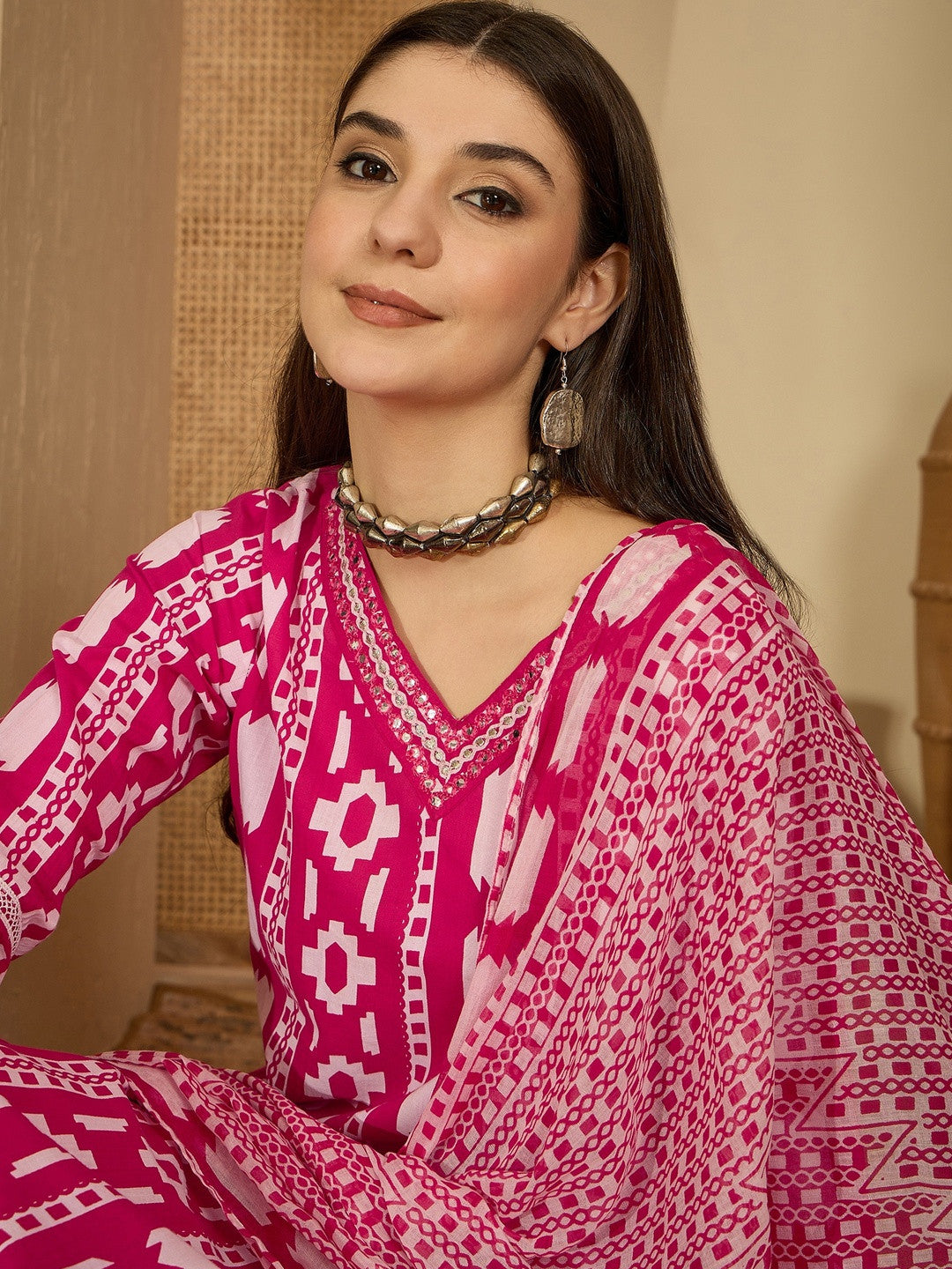 Women Printed Regular Mirror Work Kurta Set