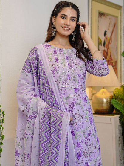 Dhiyona KL Floral Printed Regular Sequinned Pure Cotton Kurta With Trousers & Dupatta