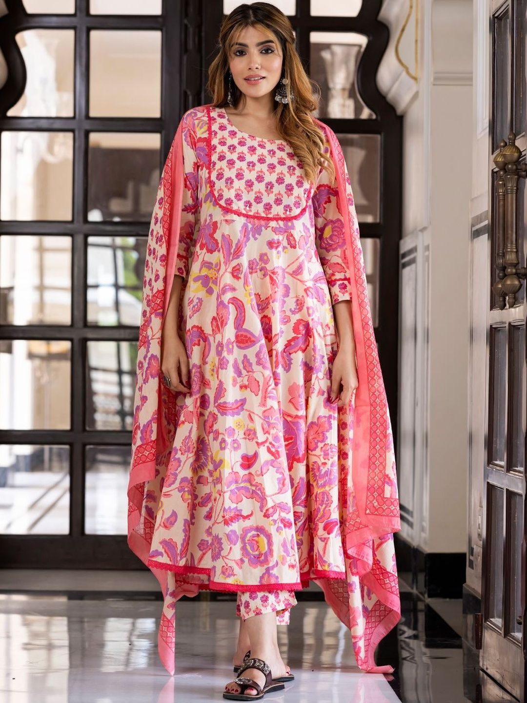 Dhiyona KL Kalini Women Purple And Cream Pure Cotton Anarkali Kurta Set with Dupatta