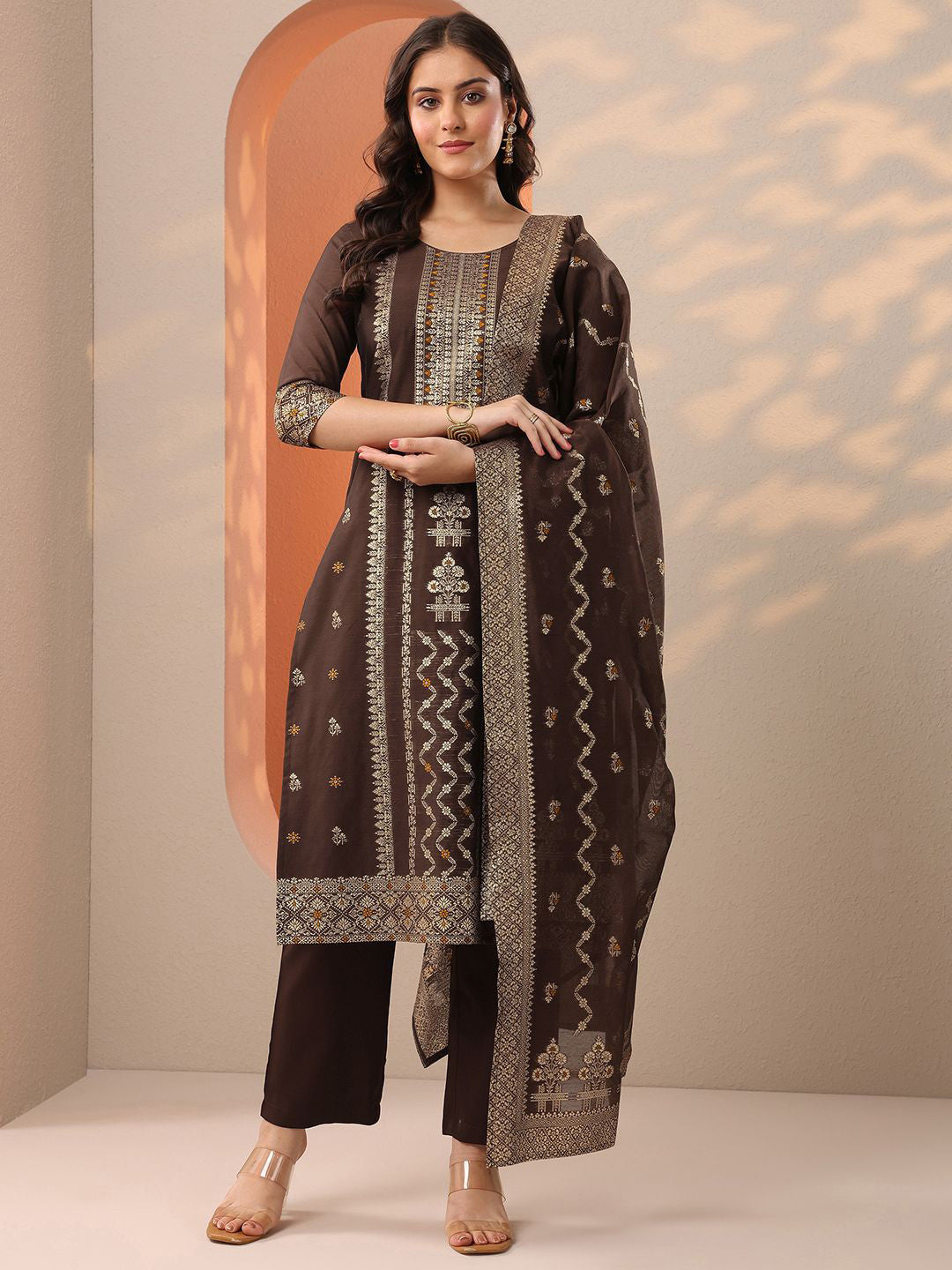 Women Woven Design Zari Kurta with Trousers & Dupatta