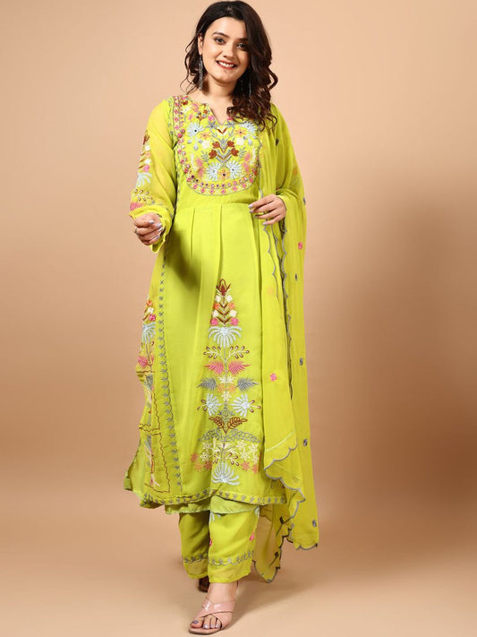 Dhiyona KL Floral Embroidered Notch Neck Georgette Straight Kurta with Palazzos & Dupatta
