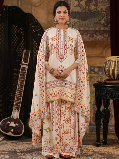 Dhiyona SC Women Ivory Printed Patola Mirror Work Chanderi Silk Kurta & Sharara With Dupatta