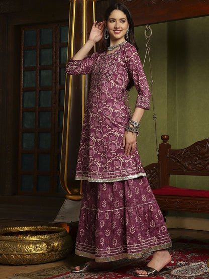 Dhiyona SN Women's Floral Printed Pleated Mirror Work Pure Cotton Kurta with Sharara & Dupatta