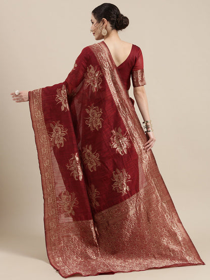 Women's Linen Maroon Woven Design Woven saree With Blouse Piece