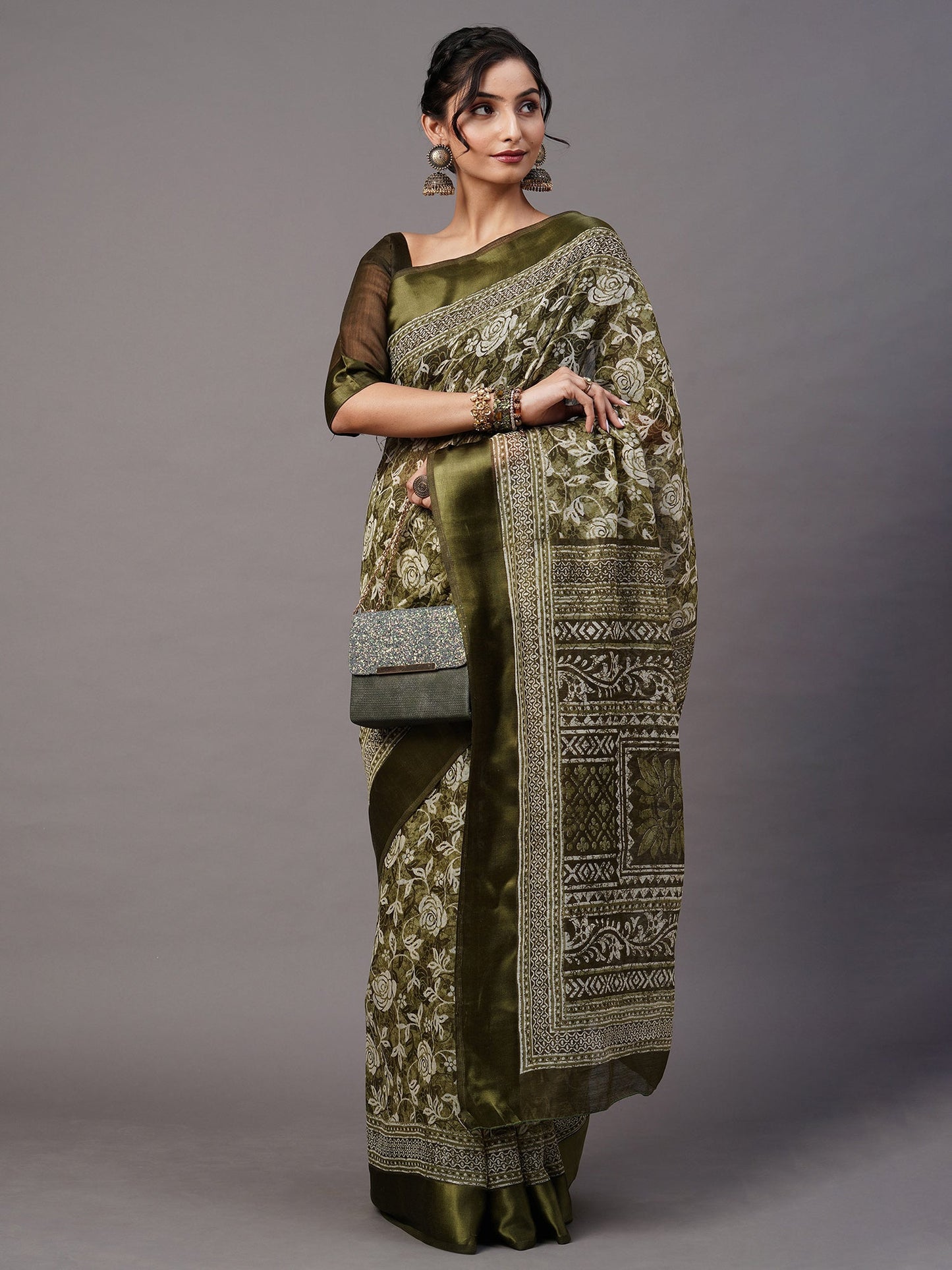 Women's Cotton Blend Olive Printed Designer Saree With Blouse Piece