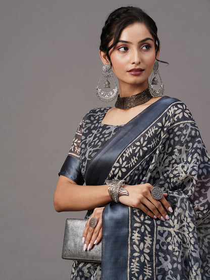 Women's Cotton Blend Grey Printed Designer Saree With Blouse Piece