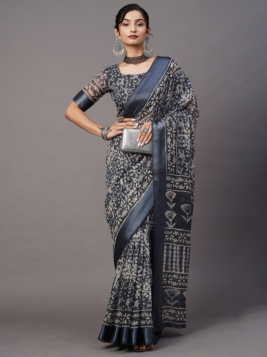 Women's Cotton Blend Grey Printed Designer Saree With Blouse Piece