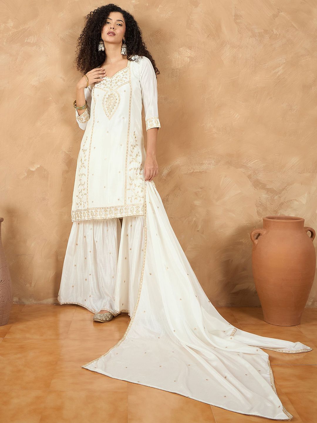 Dhiyona VA Women Ethnic Motifs Embroidered Regular Kurta & Sharara With Dupatta