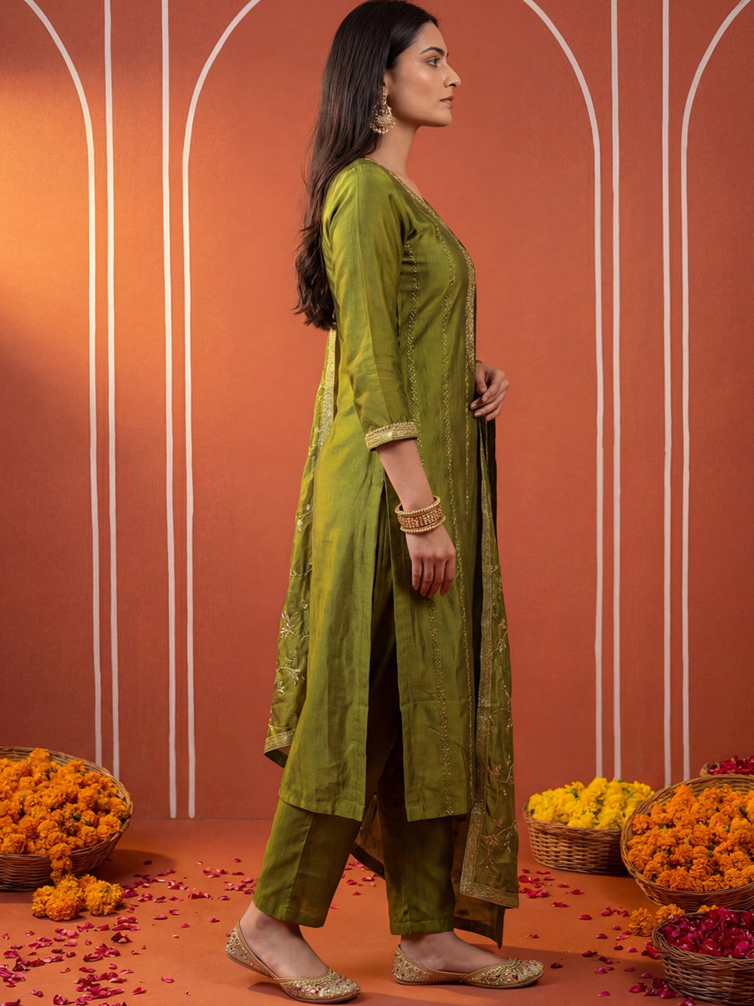 Women Ethnic Motifs Embroidered Regular Sequinned Kurta with Trousers & With Dupatta