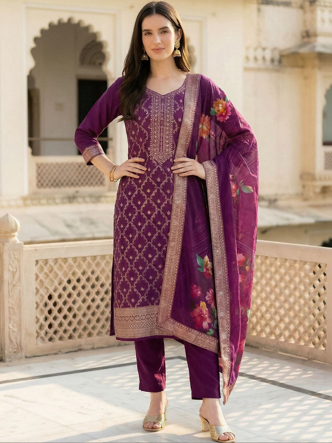 Women Ethnic Motifs Regular Kurta with Trousers & With Dupatta