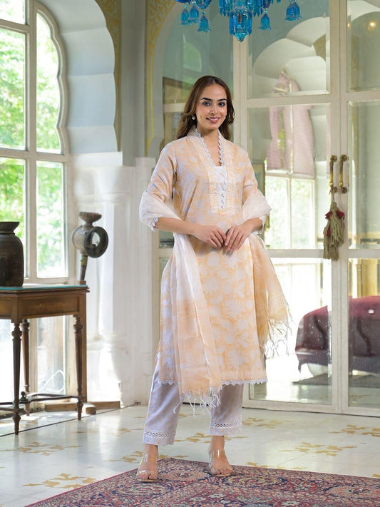 Dhiyona KL Women Peach Pure Cotton Kurta With Trousers & Dupatta