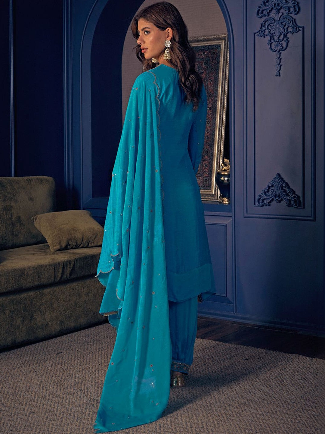 Embroidered V-Neck Kurta & Salwar With Dupatta