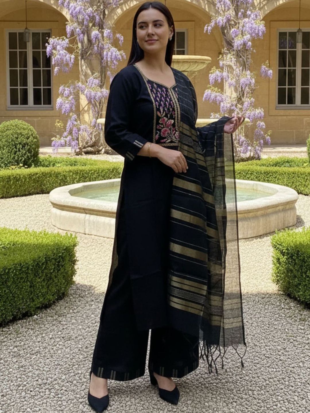 Dhiyona IE Women Ethnic Motifs Embroidered Regular Thread Work Pure Cotton Kurta with Palazzos & With Dupatta