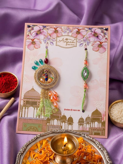 Dhiyona Set Of 2 Artificial Stones Designer Bhaiya Bhabhi Rakhi With Roli Chawal Chandan