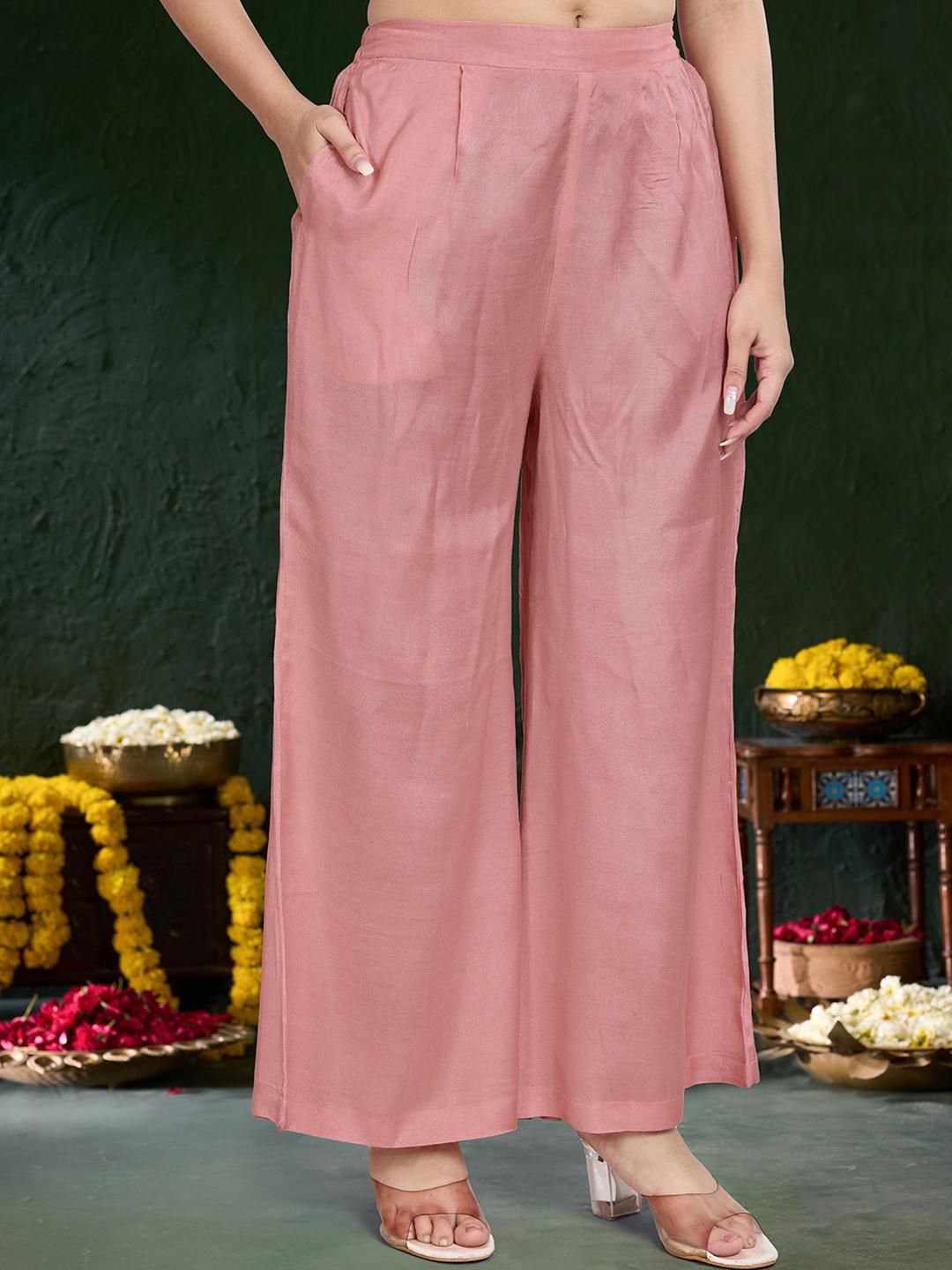 Dhiyona KL Women Pink Ethnic Motifs Embroidered Kurta With Palazzos & Dupatta