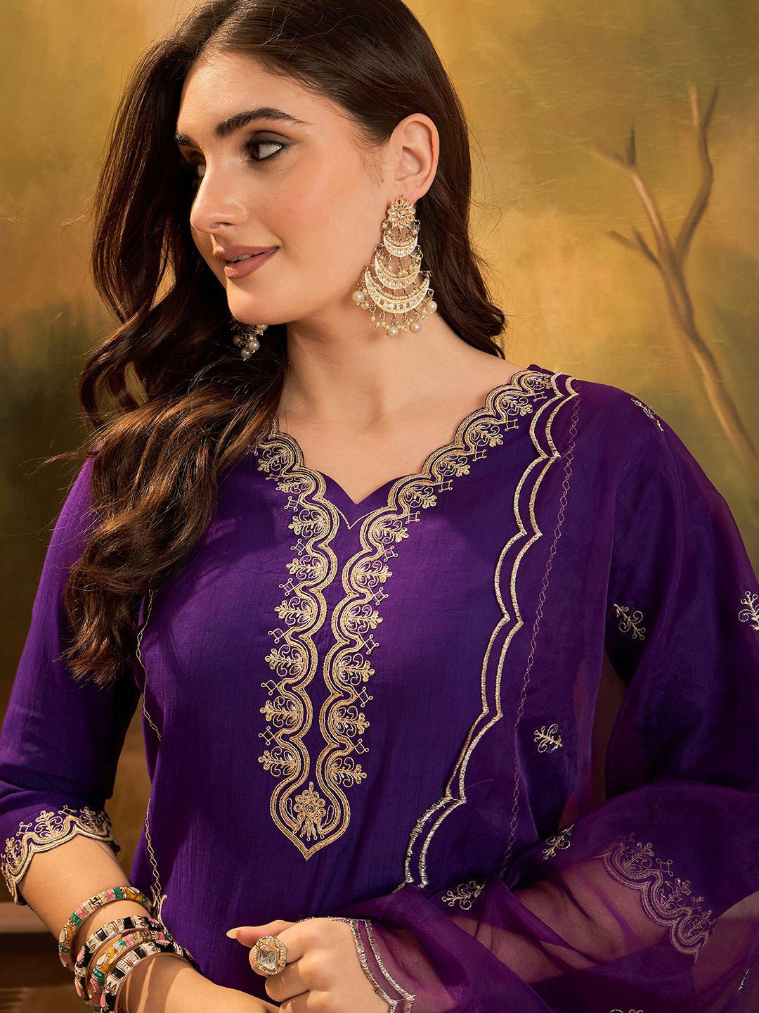 Ethnic Motifs Embroidered V-Neck Sequinned Straight Kurta With Trousers & Dupatta