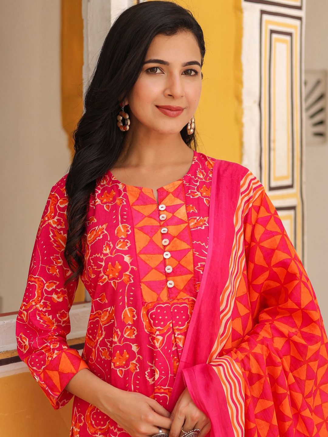 Dhiyona RR Women's Floral Printed Cotton A-Line Kurta with Trousers & Dupatta