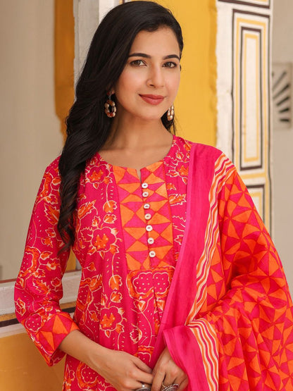 Dhiyona RR Women's Floral Printed Cotton A-Line Kurta with Trousers & Dupatta
