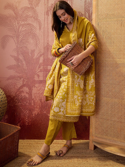 Printed Pure Cotton V-Neck Kurta & Trousers With Dupatta
