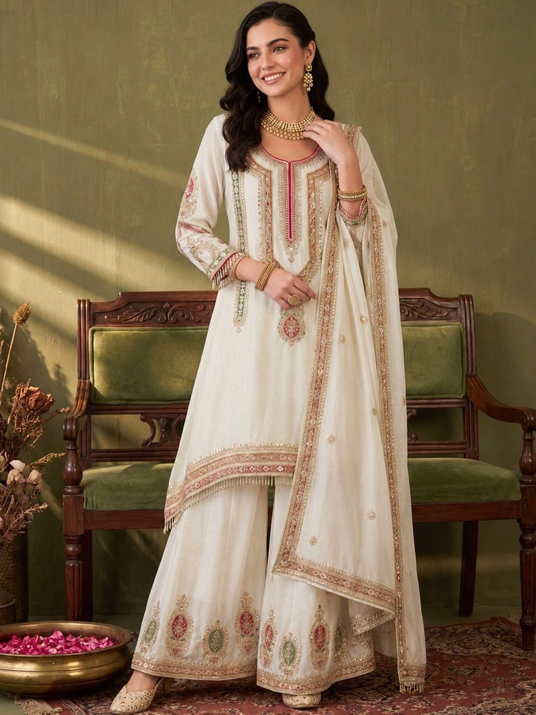 Women Ethnic Motifs Embroidered Regular Mirror Work Kurta with Sharara & With Dupatta