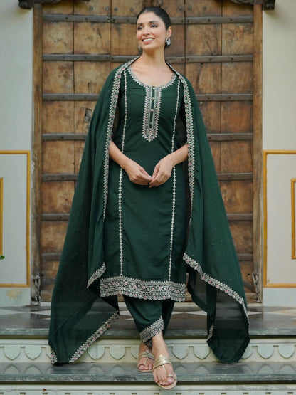 Women's LB Green Embroidered Silk Blend Straight Suit With Dupatta