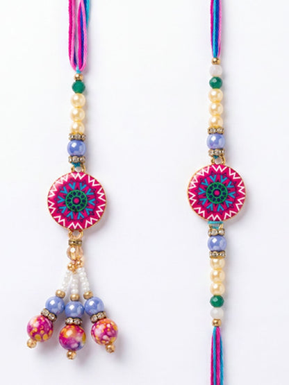 Dhiyona Set Of 2 Artificial Stones & Beads Floral Design Bhaiya Bhabhi Rakhi