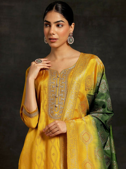 Women's LB Mustard Woven Design Silk Blend Straight Suit With Dupatta