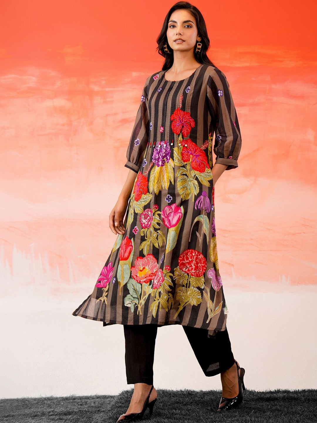 Black Printed A-line Kurta Trousers Set