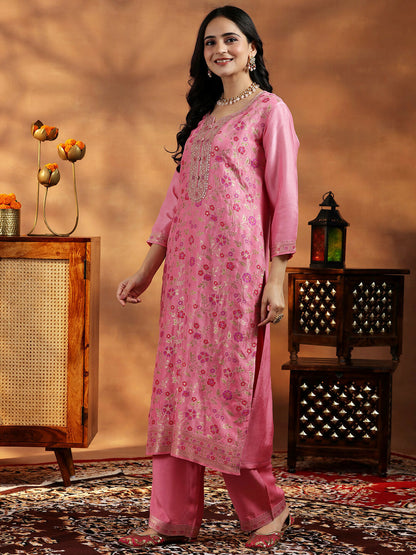 Women's LB Pink Woven Design Silk Blend Straight Suit With Dupatta