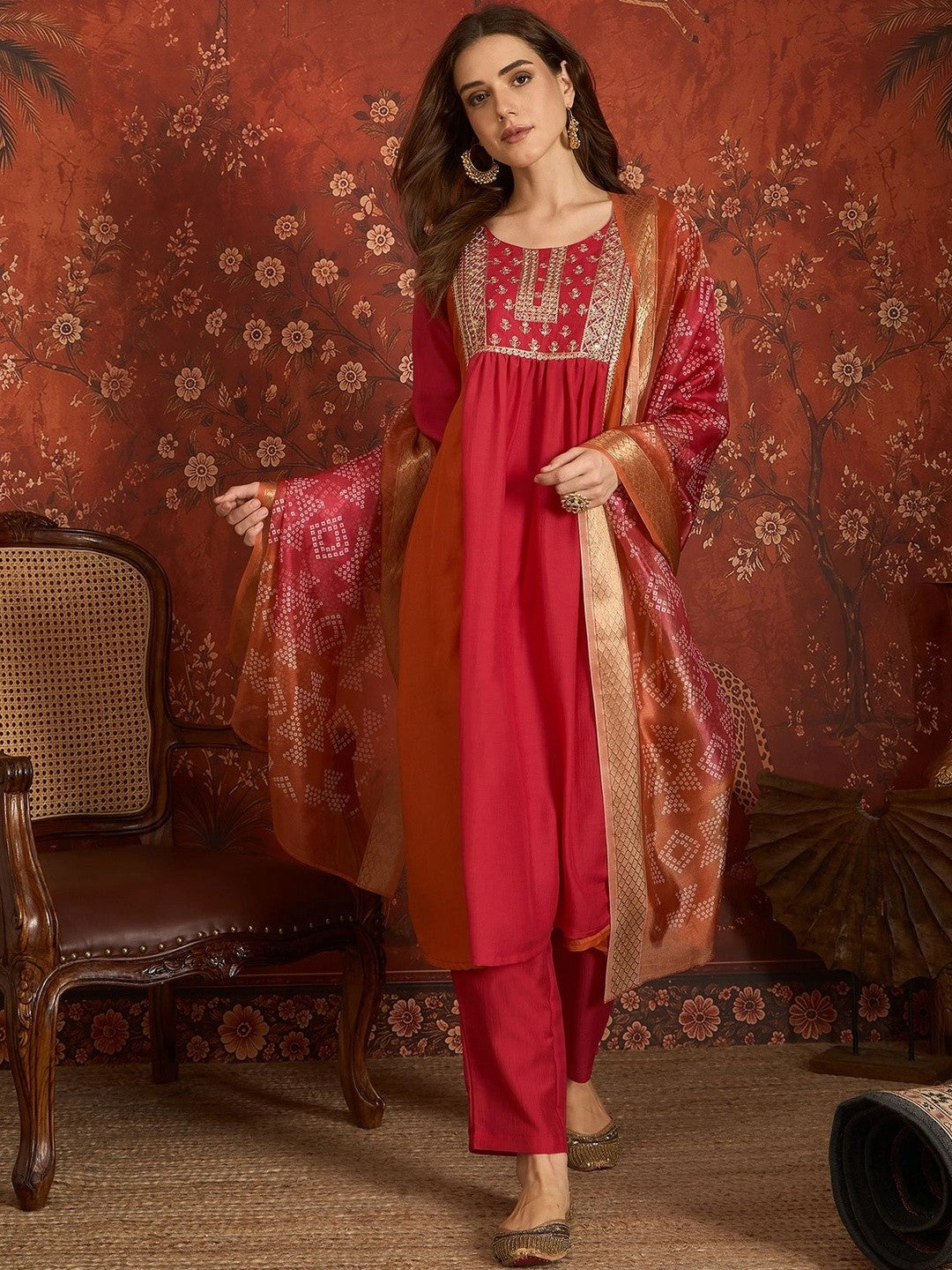 Women Ethnic Motifs Embroidered Empire Thread Work Kurta with Trousers & With Dupatta