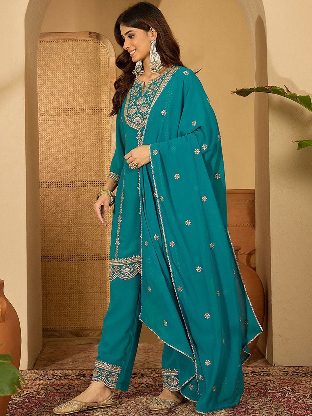 Dhiyona SN Zari Sequence Thread Embroidered Straight Kurta With Palazzos & Dupatta
