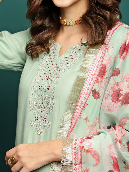Floral Embroidered Kurta & Trouser With Dupatta
