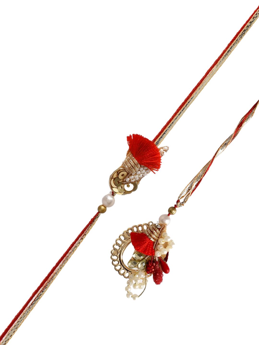 Dhiyona Red Pearl-Beaded Bhaiya Bhabhi Rakhi With Roli Chawal & Greeting Card