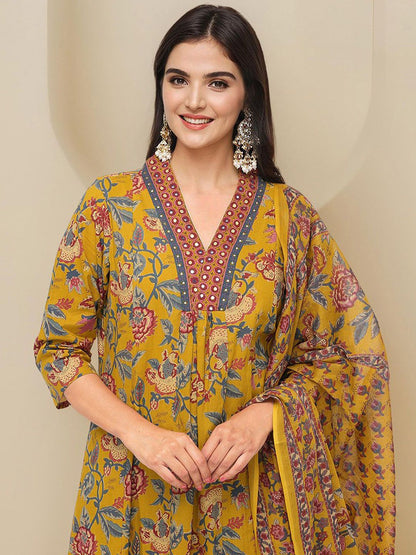 Dhiyona IS Women's Floral Printed Pure Cotton A-line Kurta With Trousers & Dupatta