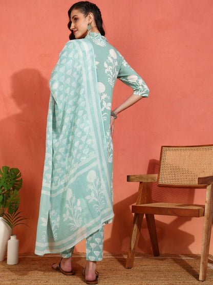 Dhiyona KL Motifs Printed Thread Work Pure Cotton Anarkali Kurta With Trousers & Dupatta