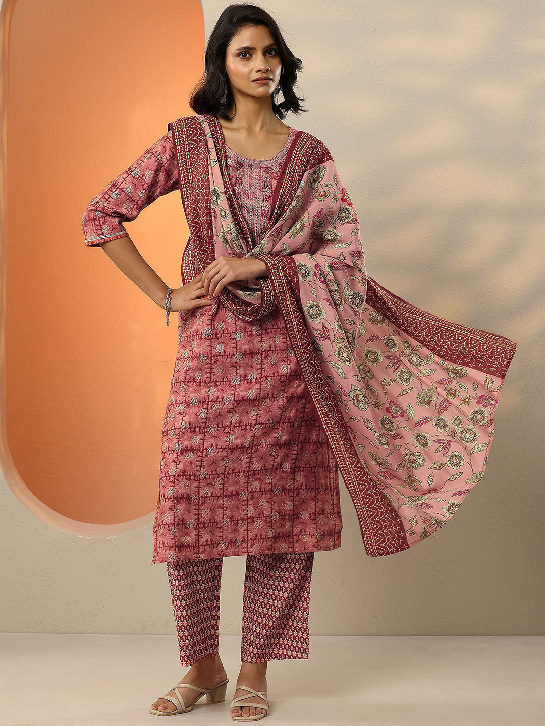 Maroon Ethnic Motifs Printed Mirror Work Straight Kurta With Palazzos & Dupatta