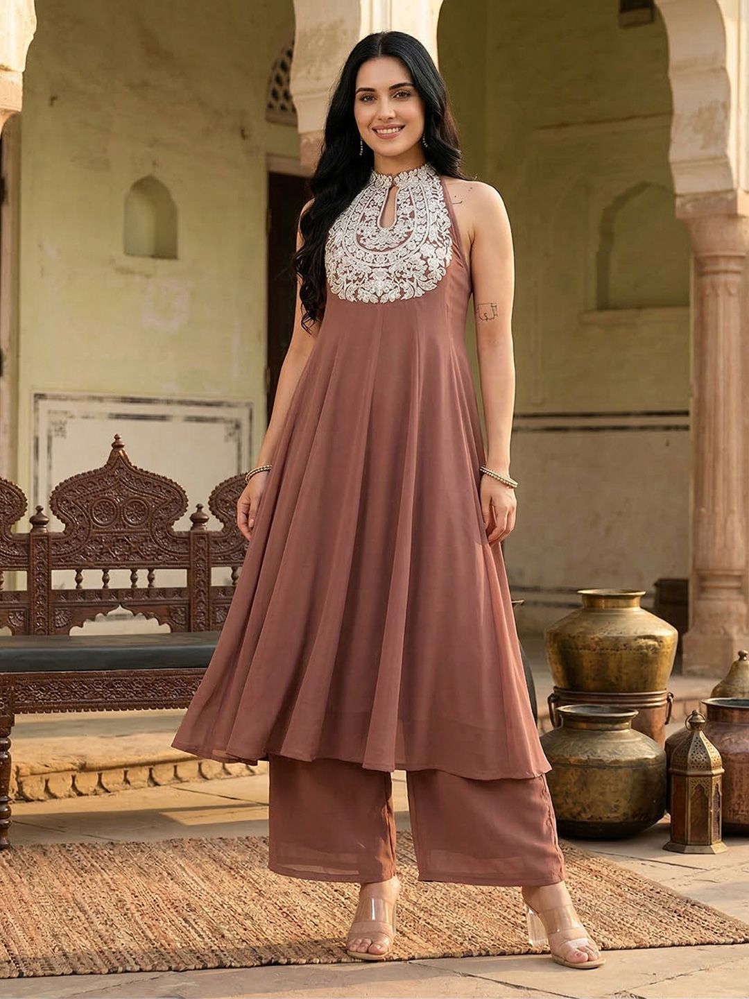 Camel Brown Floral Embroidered Panelled Silk Georgette Anarkali Kurta With Trouser