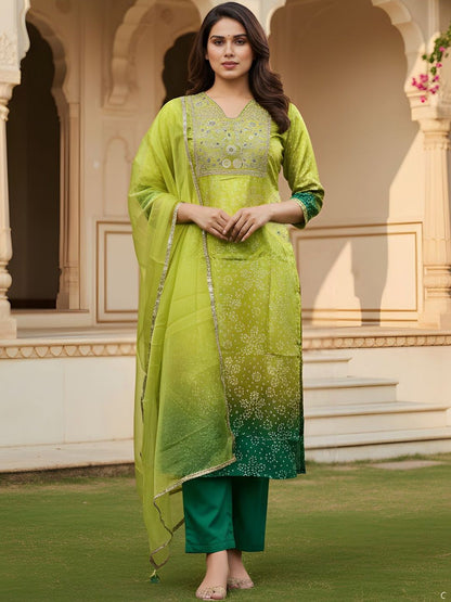 Dhiyona KL Women Ombre Dyed Regular Thread Work Kurta with Trousers & With Dupatta