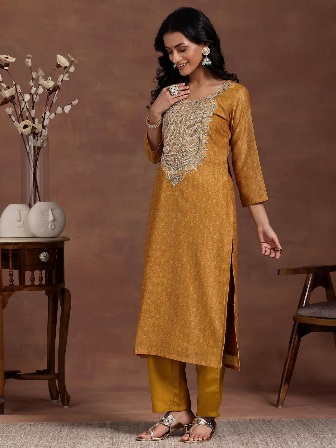 Women's LB Mustard Printed Silk Blend Straight Suit With Dupatta