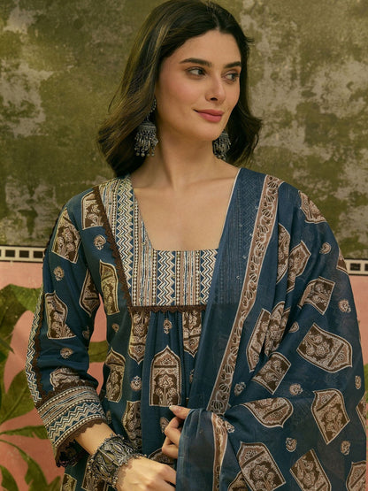 Printed Round Neck Kurta Trousers & Dupatta