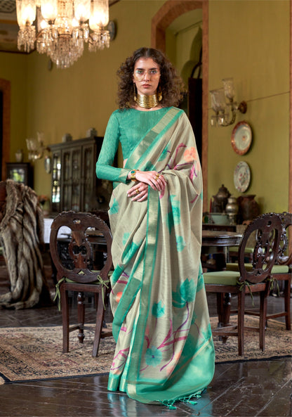 Dhiyona GR Women's Luxuria Turquoise Banarasi Digital Soft Silk Saree