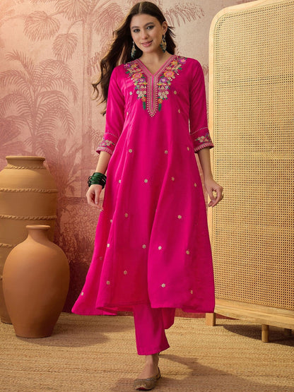 Embroidered V-Neck Kurta & Trousers Kurta Set
